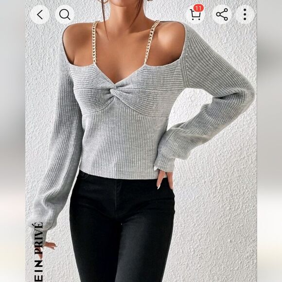 Shein - Blouse Off Shoulder Chunky Knit Chain Strap Sweater - Size L - Gray - Picture 7 of 9